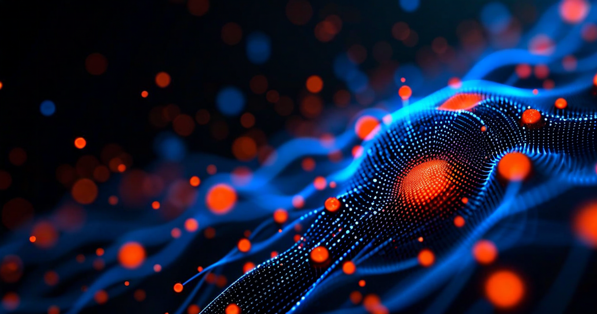 Abstract visualization showing known attack signatures as labeled points in space and novel zero-day exploit as an unlabeled point that deviates from the normal behavior cluster